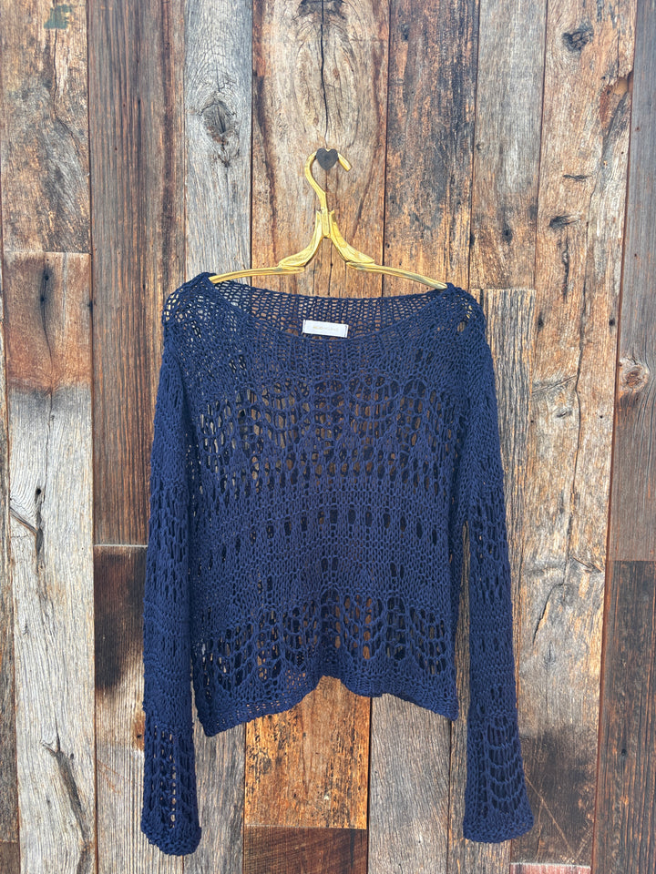 Milio Milano Crochet Long Sleeve Top Navy  O/S