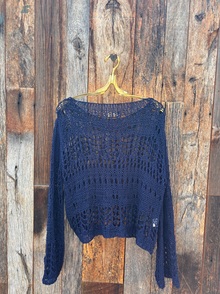 Milio Milano Crochet Long Sleeve Top Navy  O/S