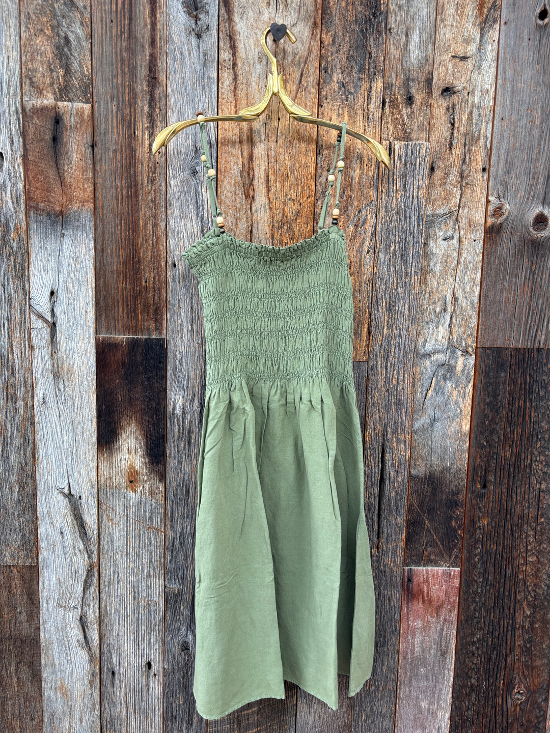 Bella Dahl Smocked Dress w/ Beaded Straps - Olive Leaf