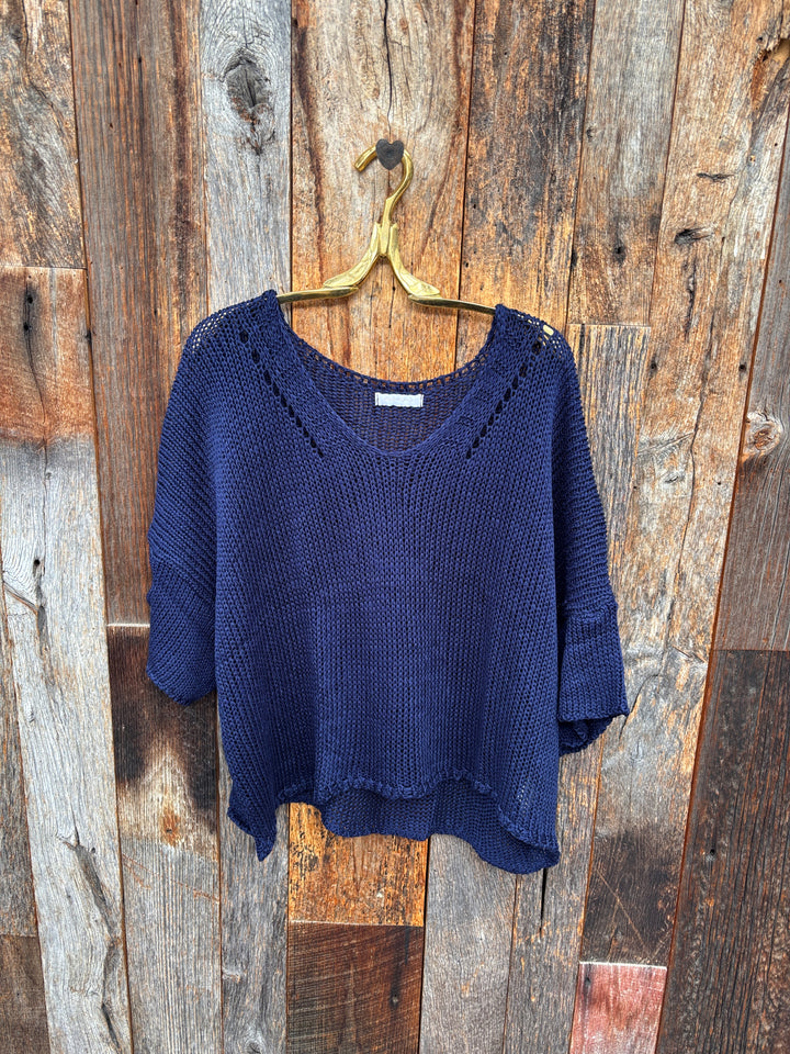 Milio Milano Open Weave V-Neck Crochet Top - Navy OS