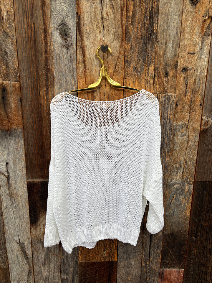Milio Milano Crochet Crew Neck L/S Knit Top White  OS