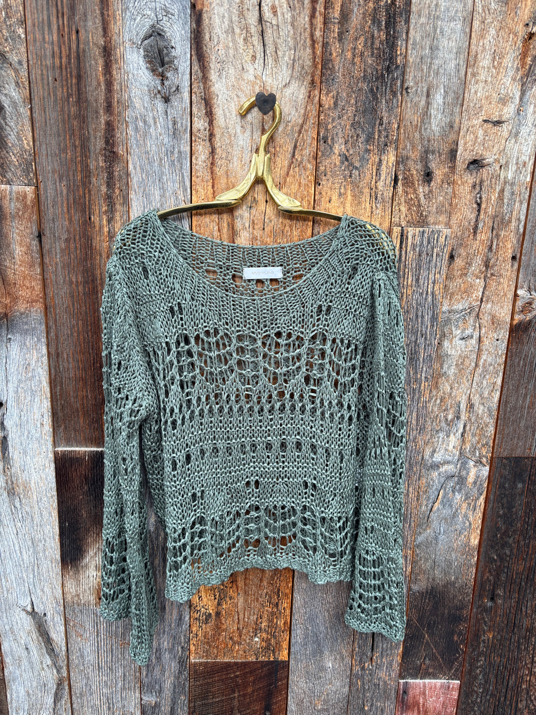 Milio Milano Crochet Long Sleeve Top Army Green  O/S