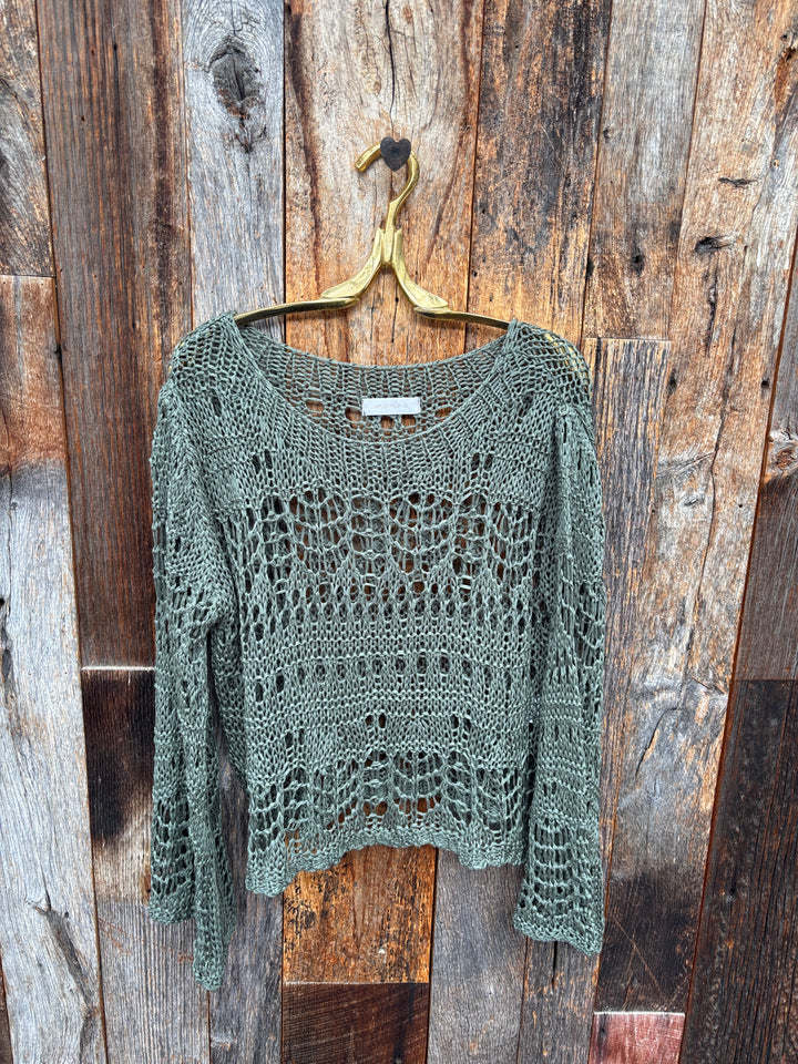 Milio Milano Crochet Long Sleeve Top Army Green  O/S