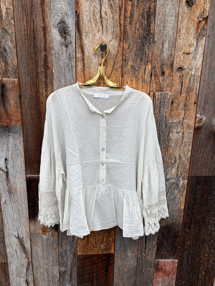 Milio Milano Lace Bell Sleeve Peplum Top - Beige