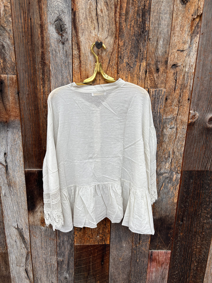 Milio Milano Lace Bell Sleeve Peplum Top - Beige