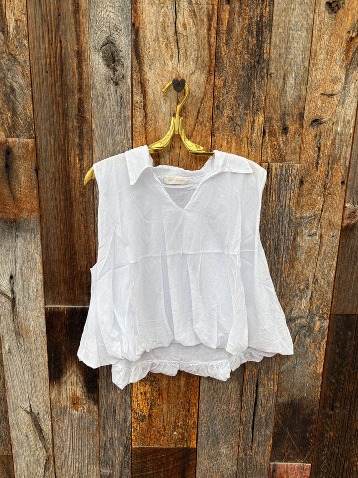 Milio Milano Sleeveless Collar Cotton Bubble Top - White