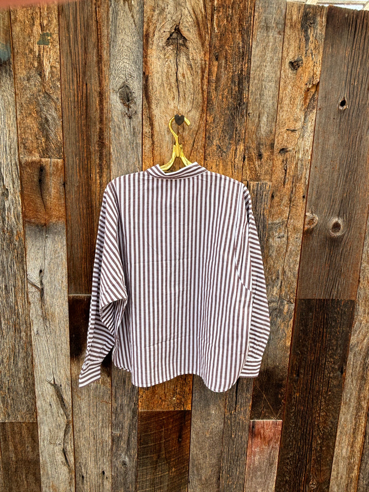 Lilla P Dolman Sleeve Button Down Top - Chestnut Stripe
