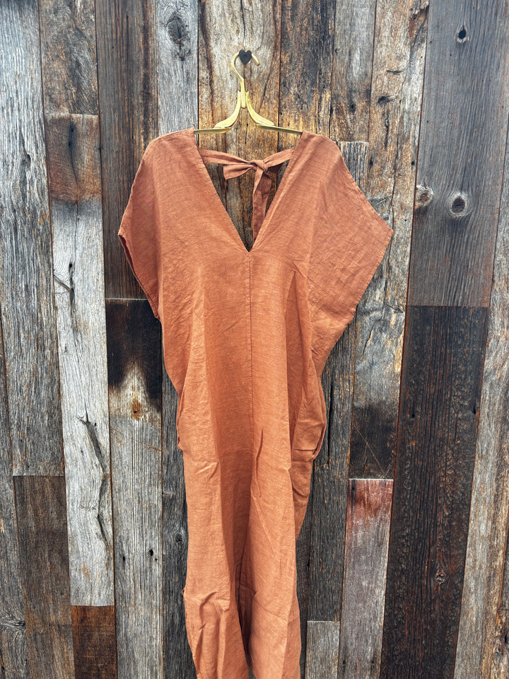 Milio Milano V-Neck Linen Kaftan - Tobacco