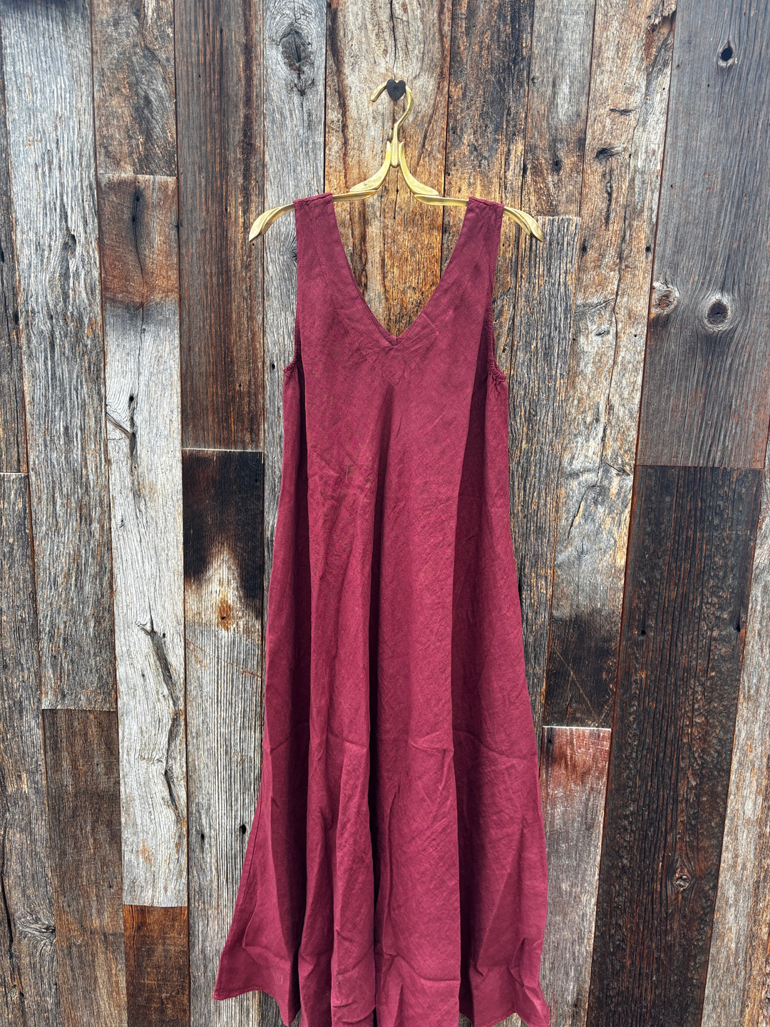 Milio Milano Italian Linen Maxi V Neck Dress Wine
