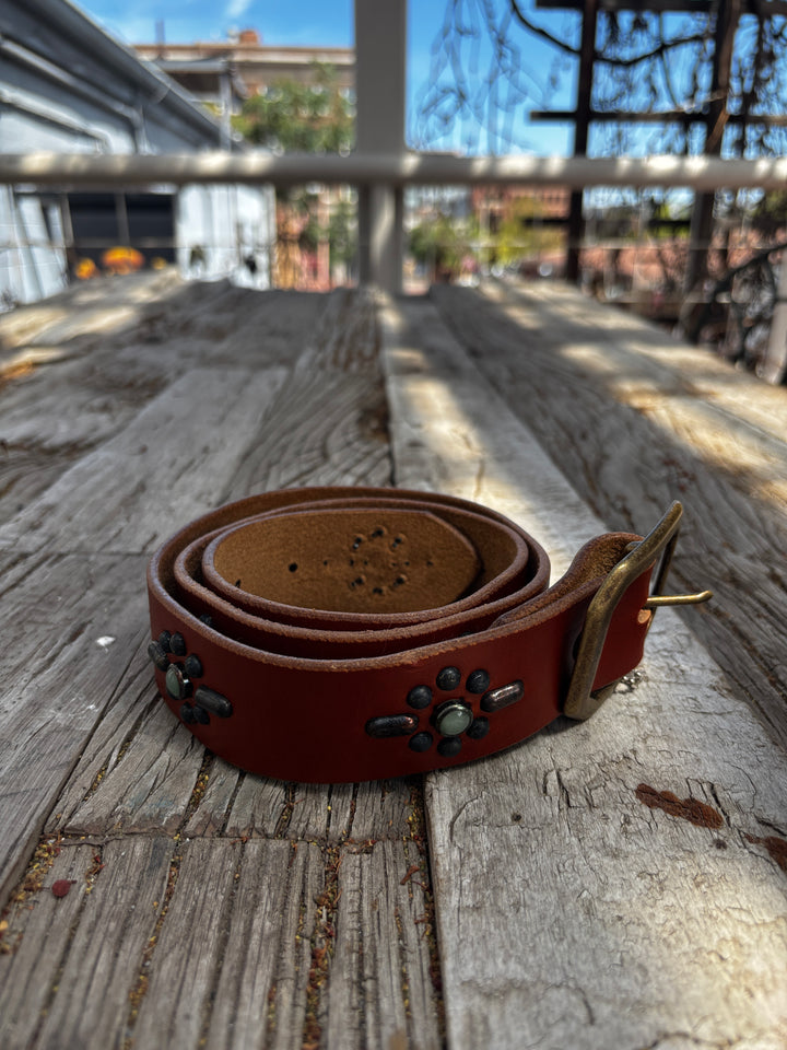 Old Stud Handmade Leather Belt  -Jade/Studs on Tan Leather