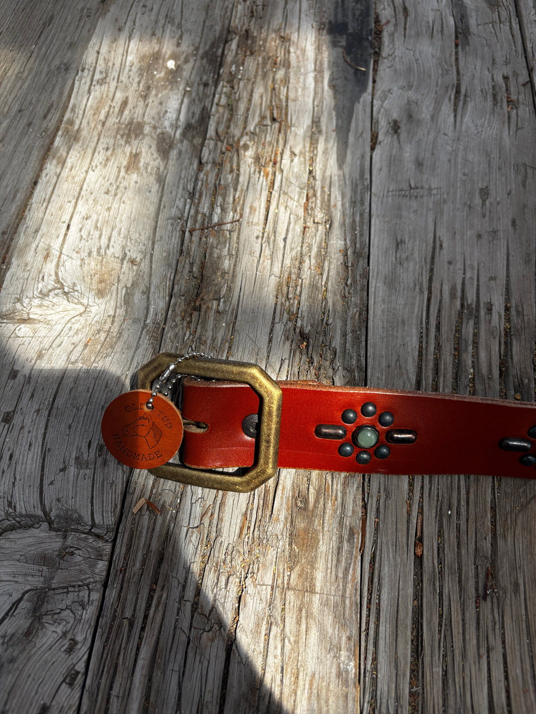 Old Stud Handmade Leather Belt  -Jade/Studs on Tan Leather