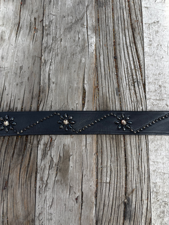 Old Stud Handmade Leather Belt Daisy Chain on Vintage Black