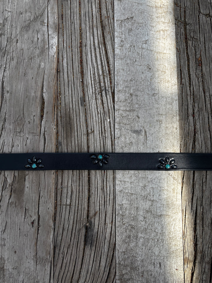 Old Stud Handmade Leather Belt Half-Daisy Studs Turq
