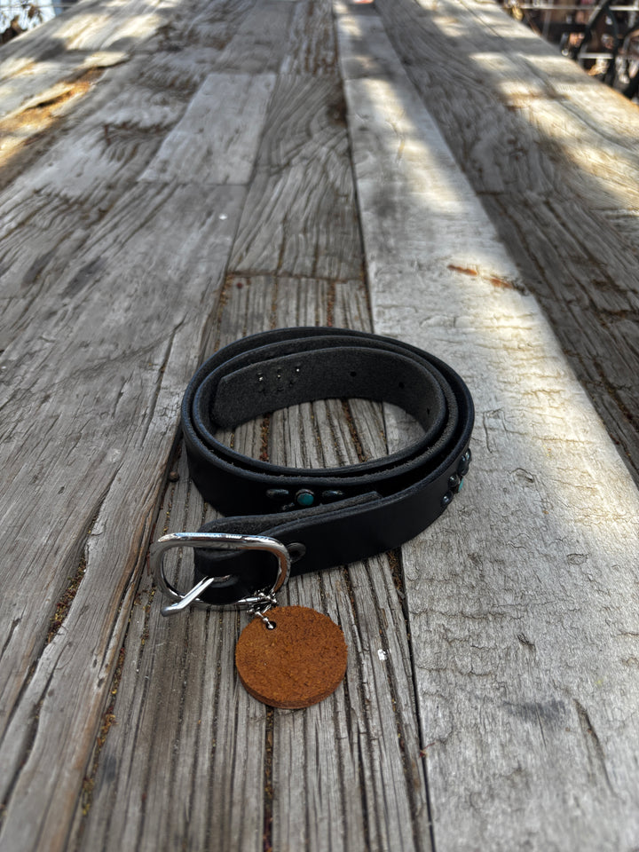 Old Stud Handmade Leather Belt Half-Daisy Studs Turq