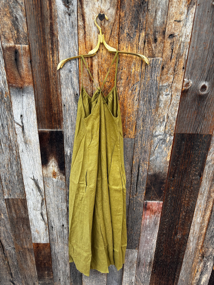 Amente Linen Back Tie Ankle Length Dress - Green