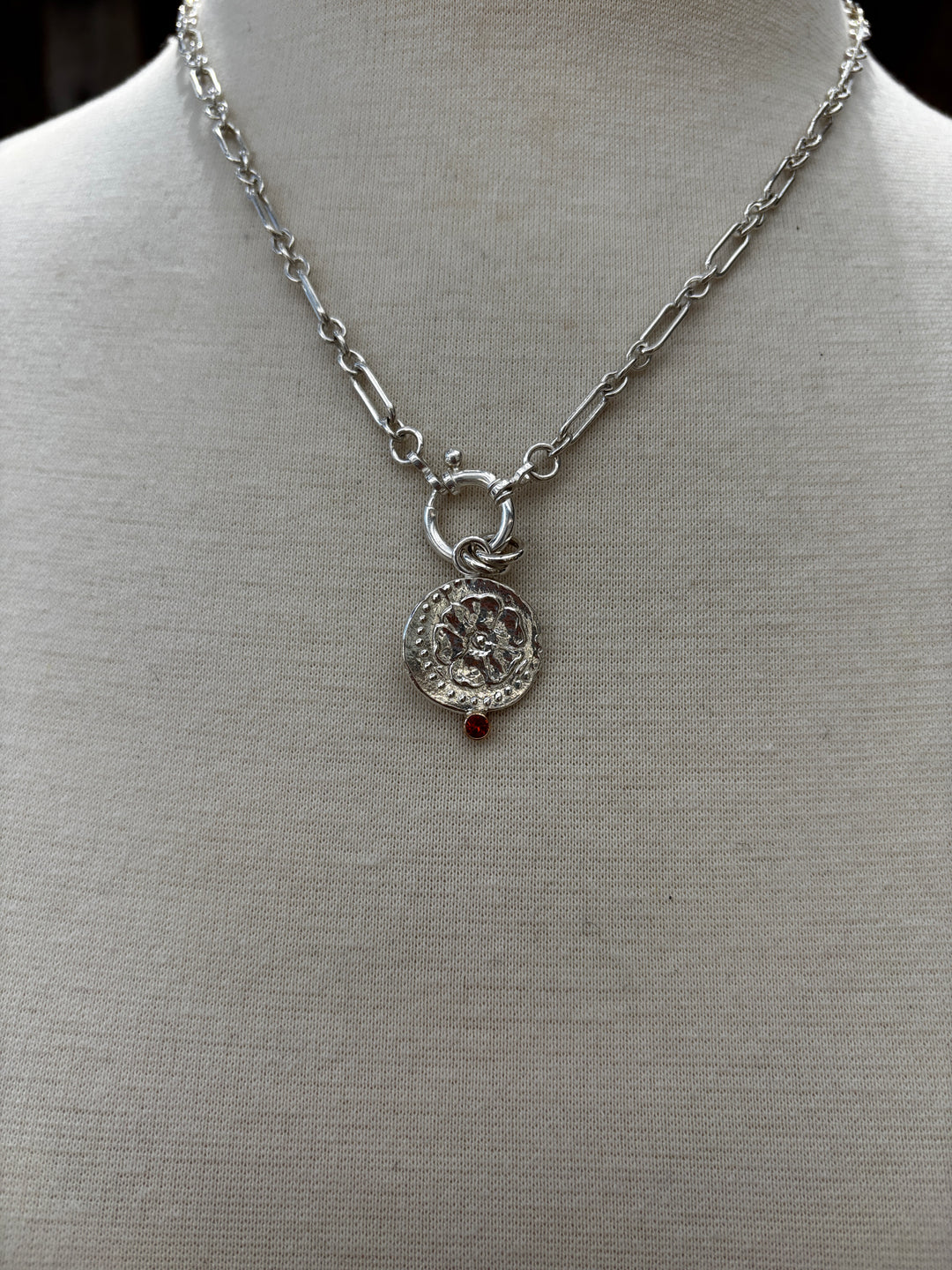Ashton Greek Flower Coin Necklace - coral sapphr / SS / 14k