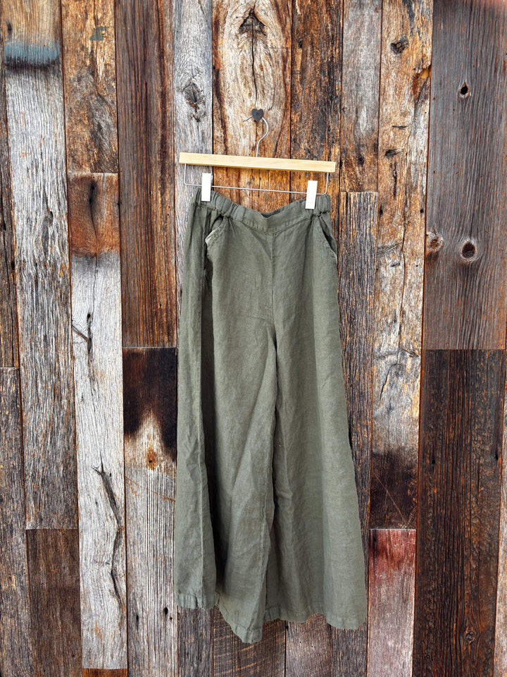 Llea Blue Becca Linen Twill Wide Leg Pant Army