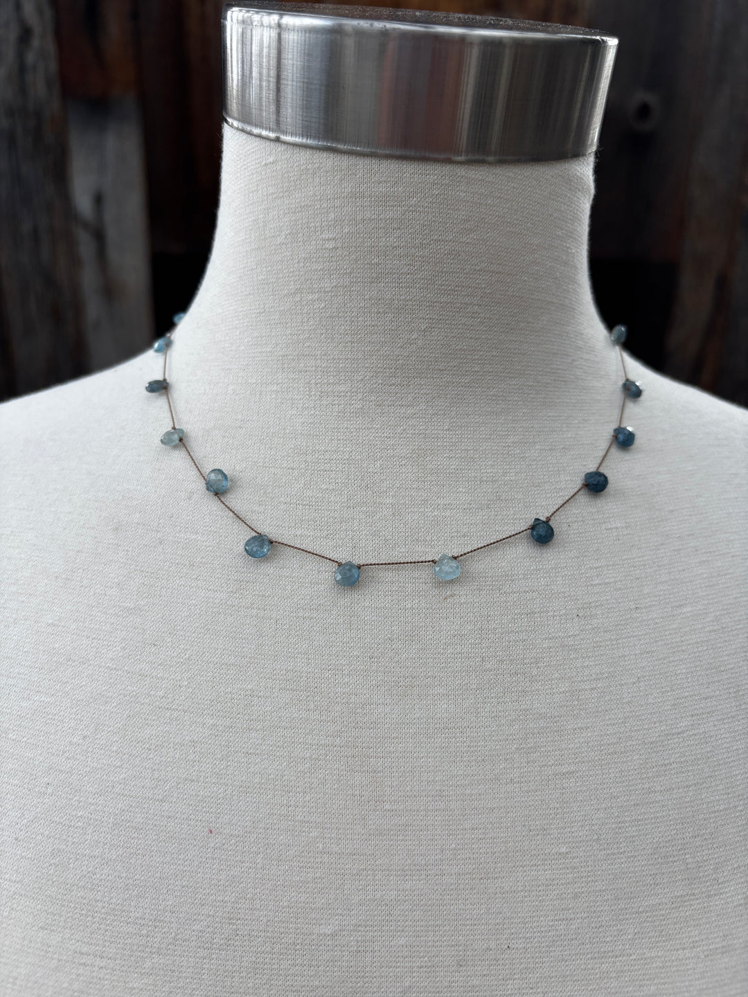 Elizabeth Nicole Knotted Moss Aquamarine on Silk Cord N178E