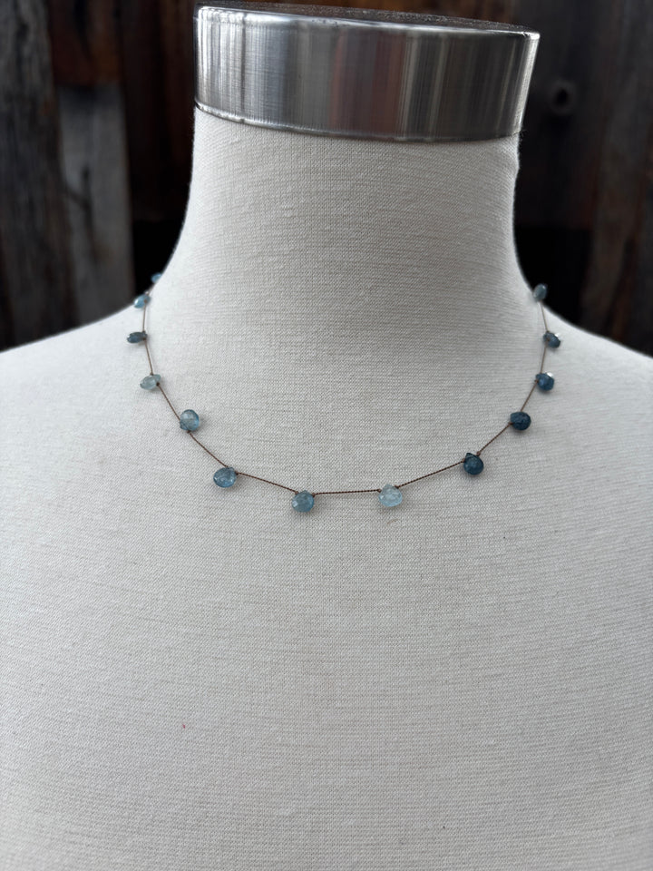 Elizabeth Nicole Knotted Moss Aquamarine on Silk Cord N178E