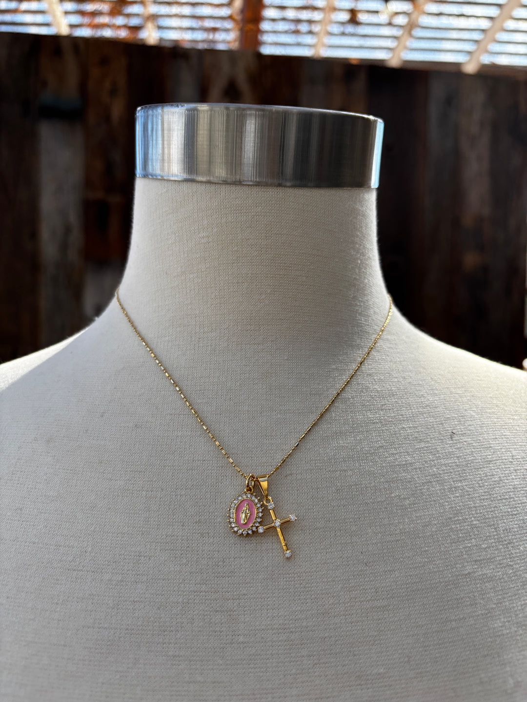 Joy Dravecky Virgin Maria Multi-Charm Necklace Baby Pink
