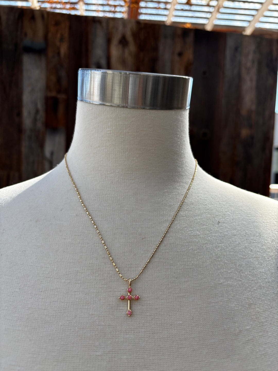 Joy Dravecky Bezel Stone Cross Necklace Pink