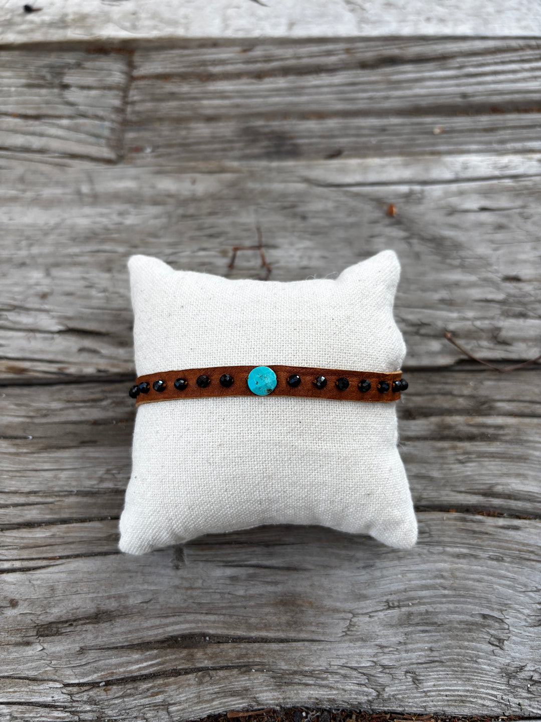 Renee Garvey Blk Spinel w/ Turq Leather Bracelet w/ Abalone Button
