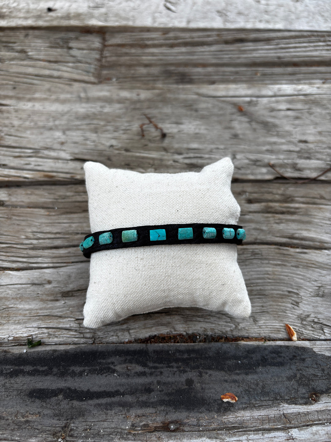 Renee Garvey Afghan Turq. Black Leather Bracelet w/ Deer Antler Button