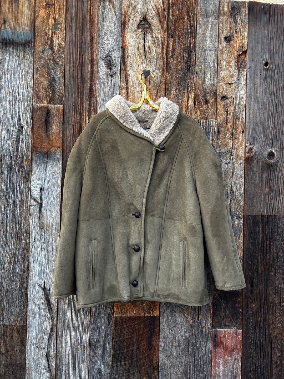 Johnny Was Shawl Collar Shearling Lined Suede Jacket Olive M