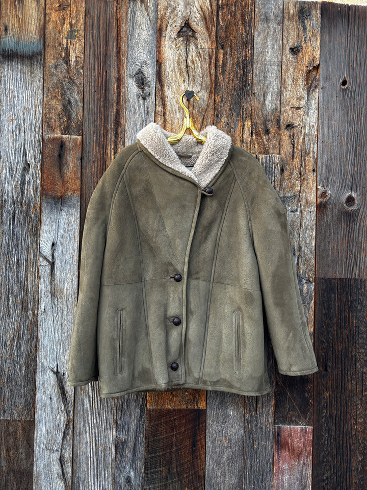 Johnny Was Shawl Collar Shearling Lined Suede Jacket Olive M