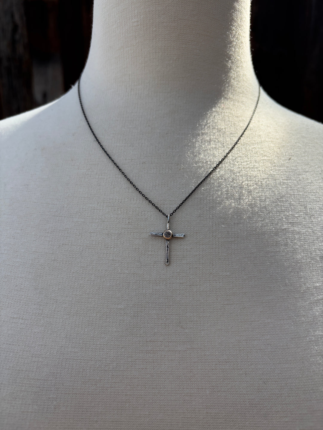 CLP 14K Cross w/ 14k Diamond Dot on Silver Chain