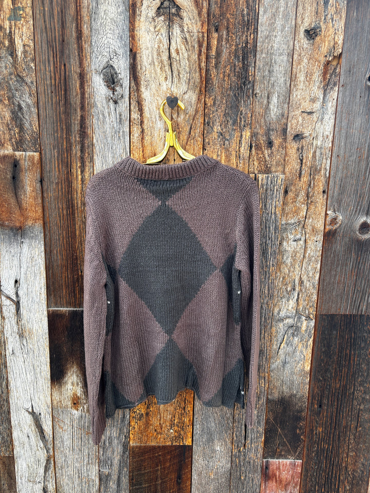 Wooden Ships Argyle Crew Chunky Sweater- Dark Dusk/Ink