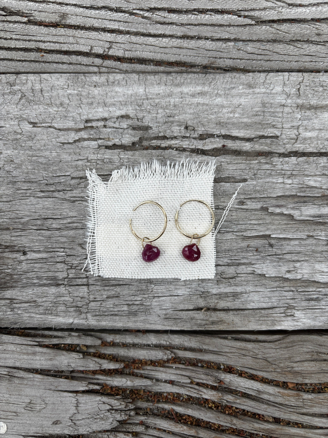 Robin M Ruby Briolette on 14k Hoop Earrings