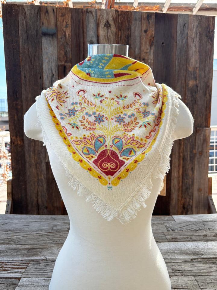 Freya Celestial Bird Mini Cashmere Bandana Butter/Brick/Teal