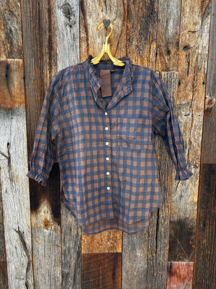 ...And For Good Girlfriend Shirt S/S Ruffle Trim Gingham Overdye Choc.
