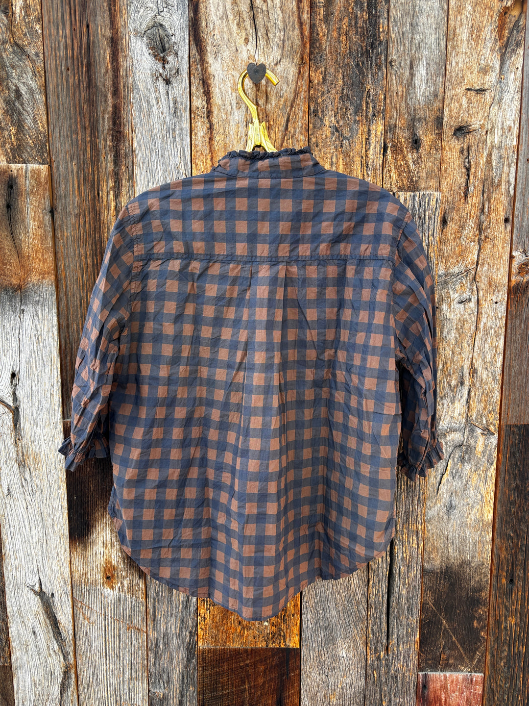 ...And For Good Girlfriend Shirt S/S Ruffle Trim Gingham Overdye Choc.