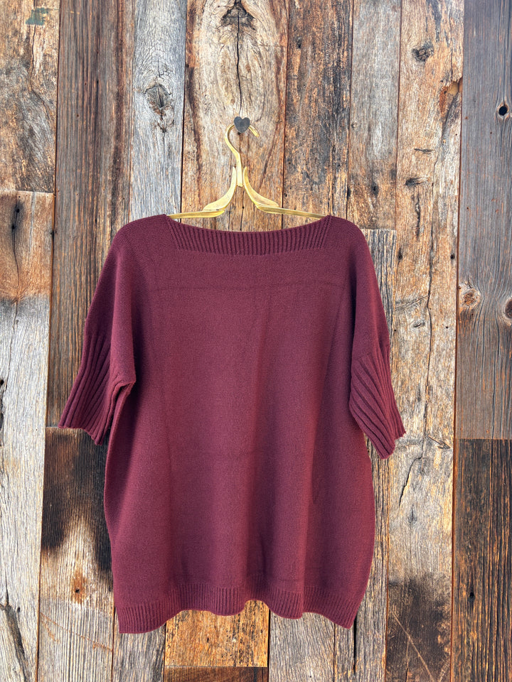 Milio Milano Italian Square Neck Knit S/S Top Wine