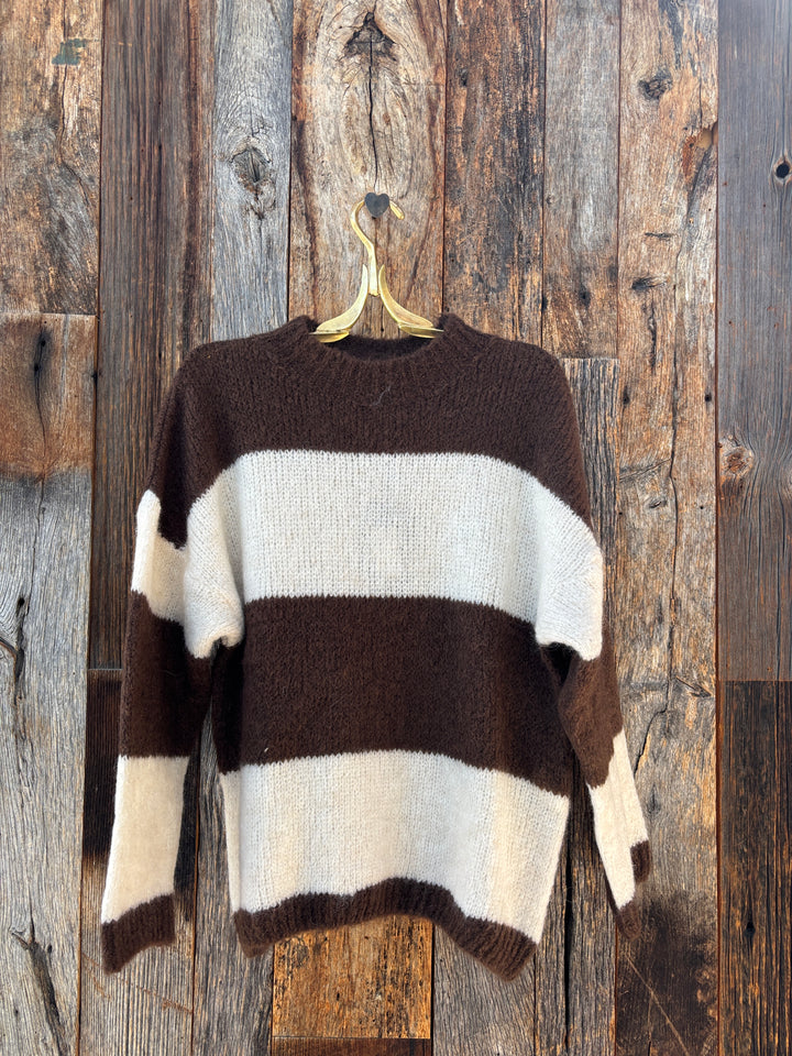 Milio Milano Mock Neck Striped L/S Pullover Knit Sweater Cream/Chocolate Brown