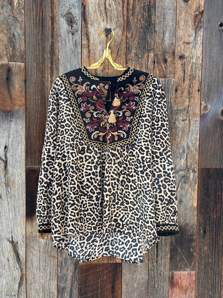 Johnny Was Tassel Yoke Blouse Deire Chestnut Leopard