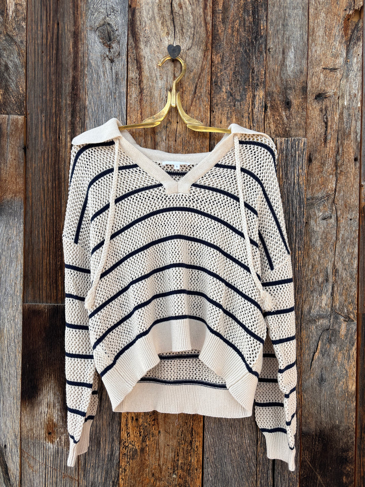 Bella Dahl Tassel Tie Open Knit Sweater- Ink Stripe