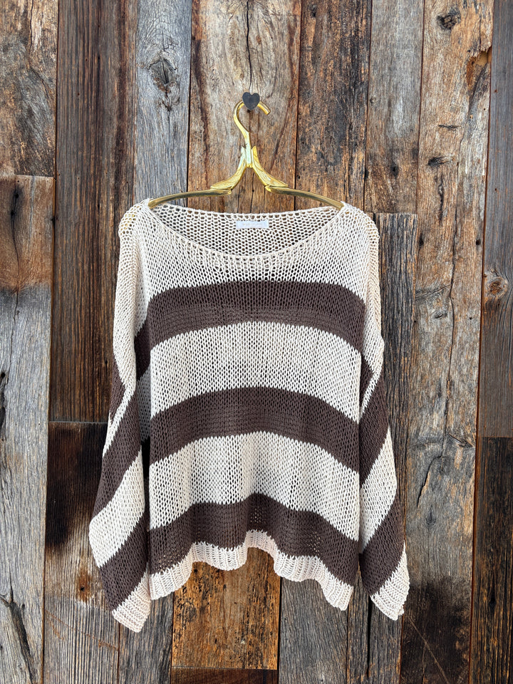 Milio Milano Striped Crew Neck Open Crochet Top Cream/Mocha