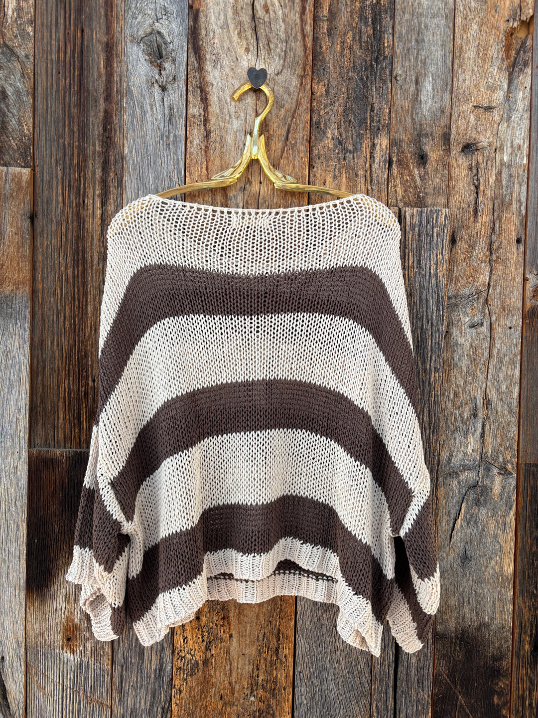 Milio Milano Striped Crew Neck Open Crochet Top Cream/Mocha
