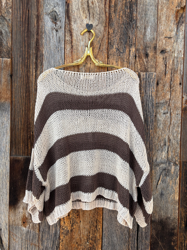 Milio Milano Striped Crew Neck Open Crochet Top Cream/Mocha