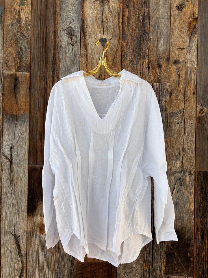 Milio Milano Pleated Linen L/S V Neck Collar Top White
