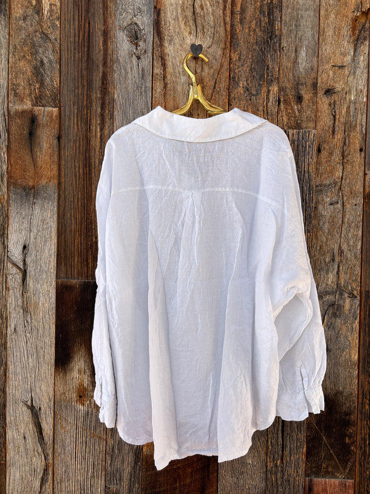Milio Milano Pleated Linen L/S V Neck Collar Top White