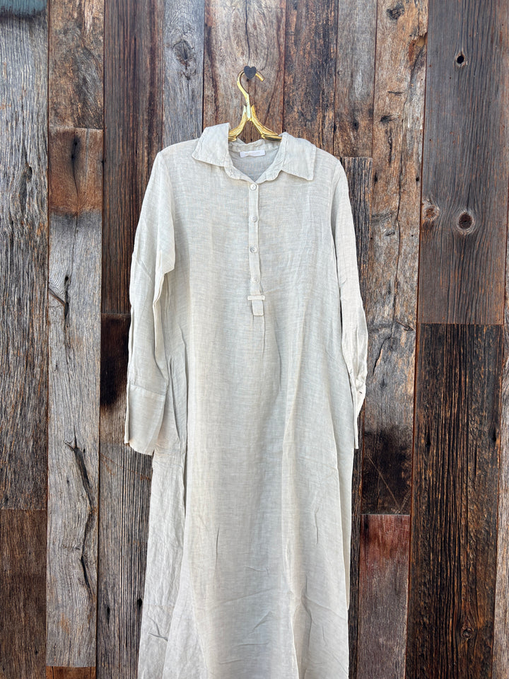 Milio Milano Linen Long Sleeve Maxi Dress Beige