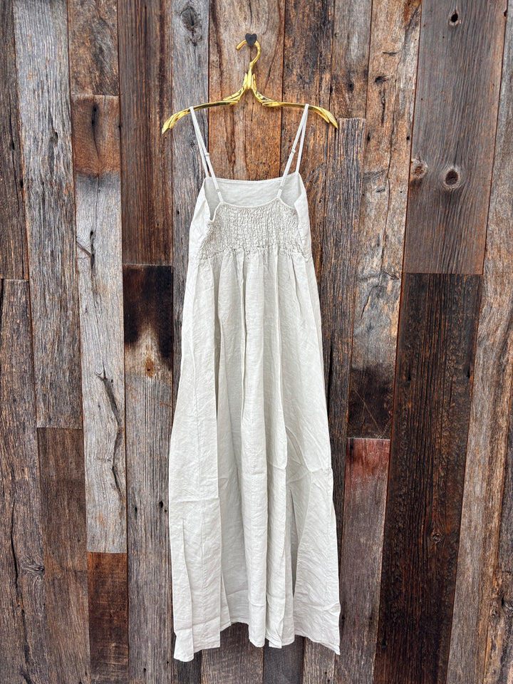 Milio Milano Linen Ruched Maxi Dress Beige
