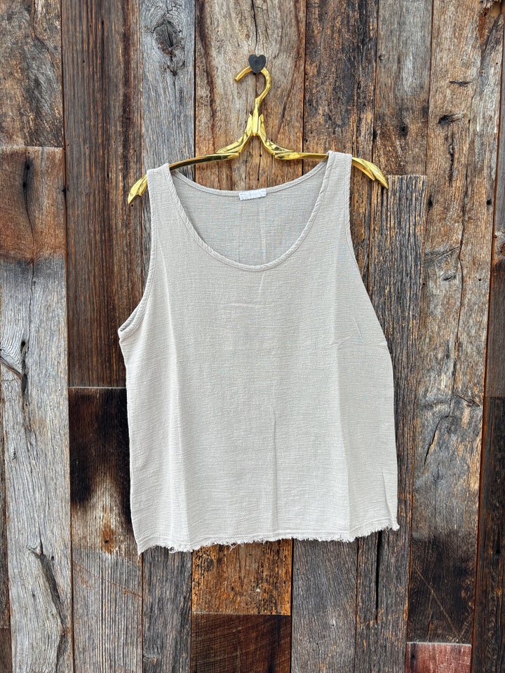 Milio Milano Textured Cotton Frayed Hem Tank Taupe