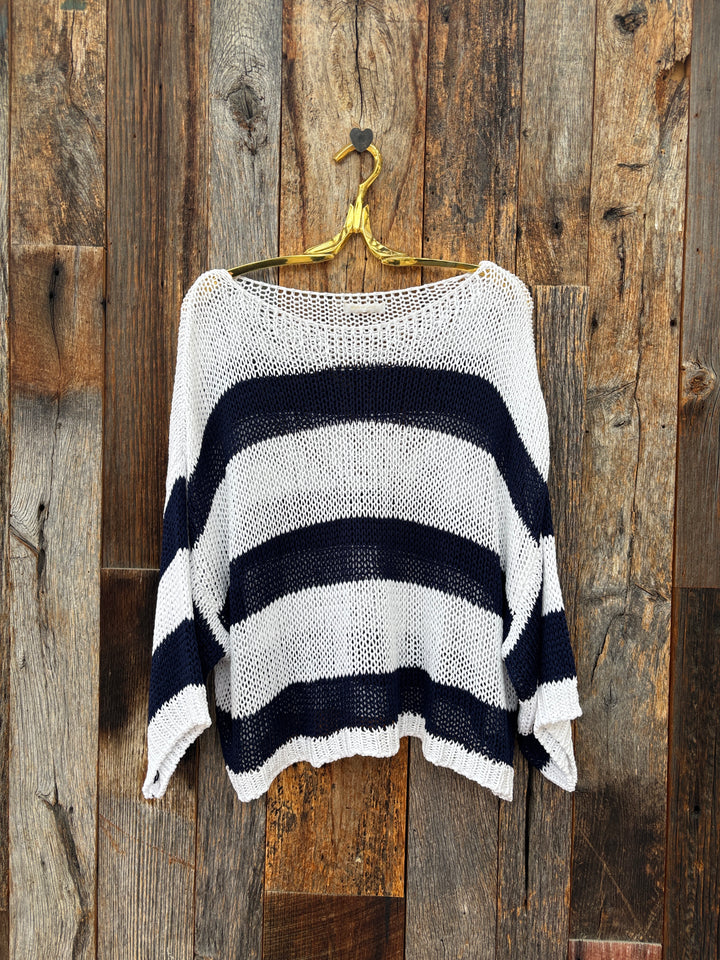 Milio Milano Striped Crew Neck Crochet Top White/Navy