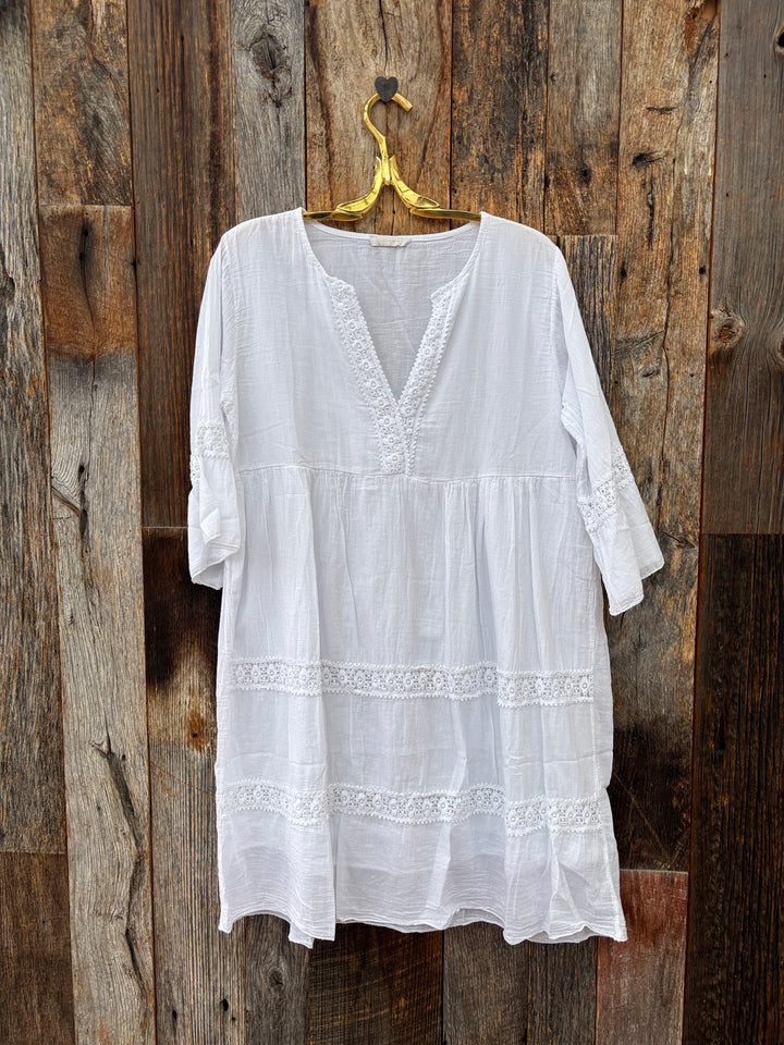 Milio Milano Crochet Trim 3/4 Sleeve Dress White
