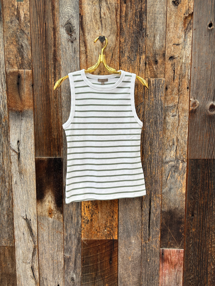 Lilla P Rib Stripe High Neck Tank Sage Stripe